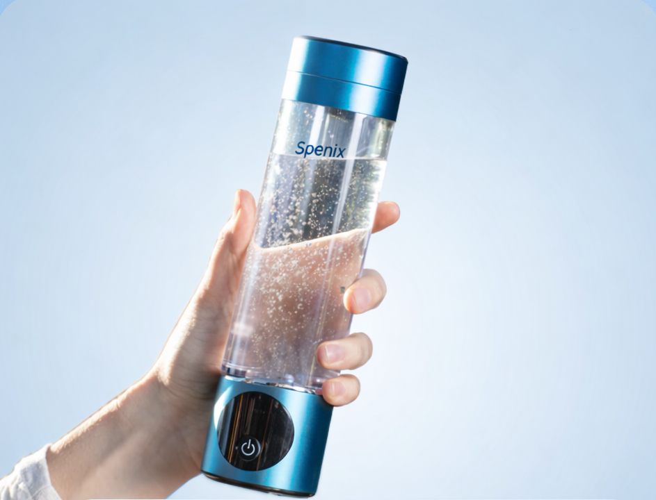Spenix hydrogen infusion water bottle held by a hand with promotional text on a blue background