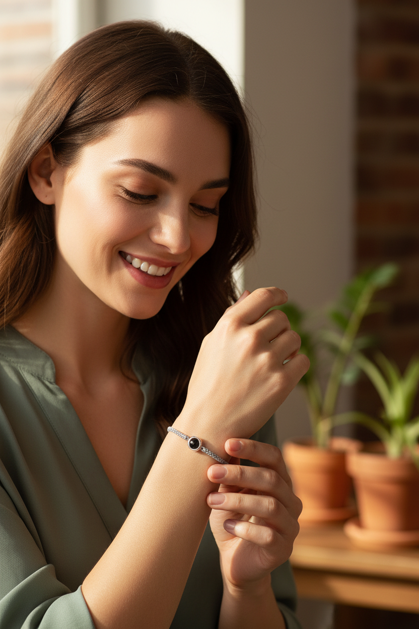 Woman happily admiring bracelet